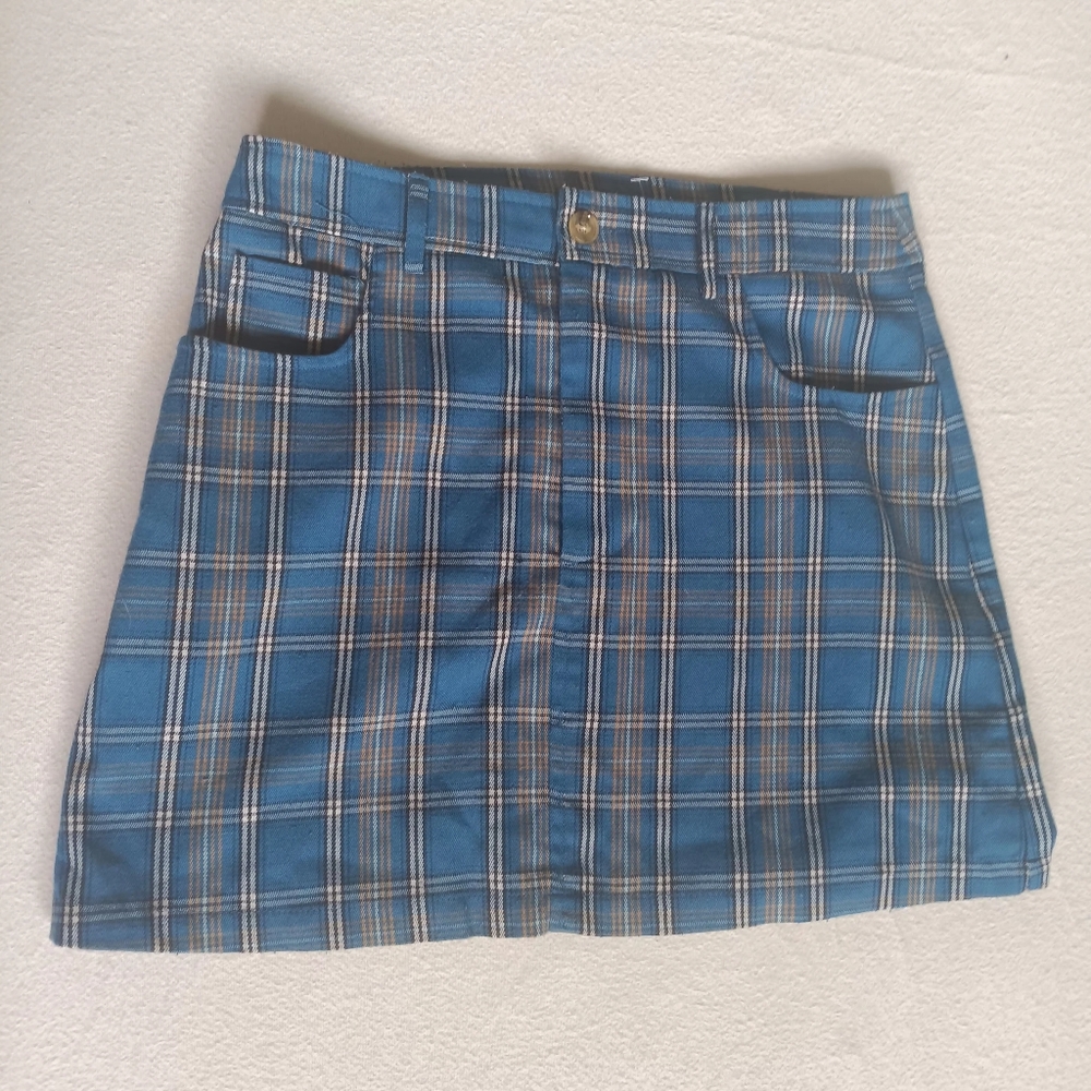 Forever 21 Blue and Tan Plaid Preppy Academia Coquette Mini Skirt Sz M